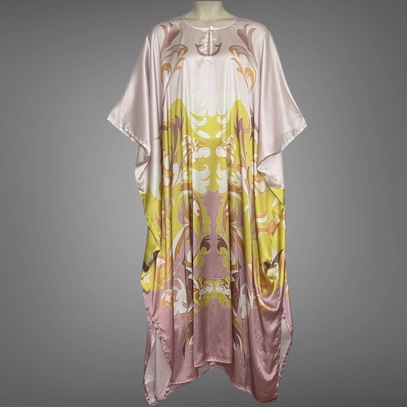 Boho Womens Kaftan Dress OS Pink Yellow Tetro Classic Print House Dress Lounge - Picture 1 of 9